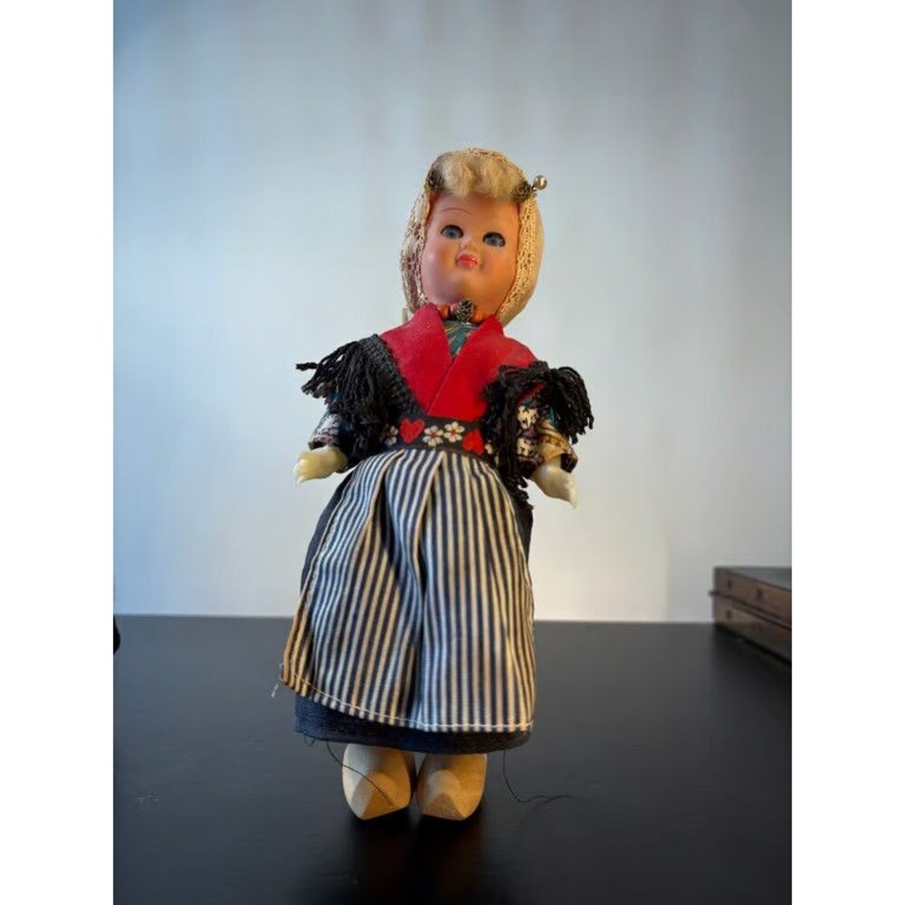 Dutch Girl Doll Made in Holland Wooden Clogs Striped Apron Lace Cap Souvenir